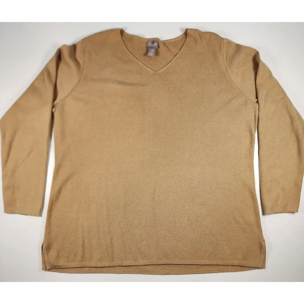Chico's Camel V-Neck Knit Sweater Size 3 Relaxed Minimalist